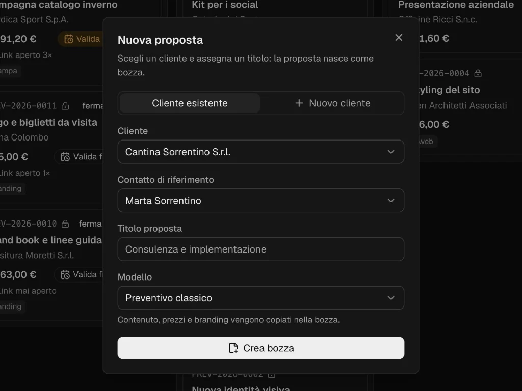 La finestra Nuova proposta: cliente Nordica Sport, titolo e modello Preventivo classico.