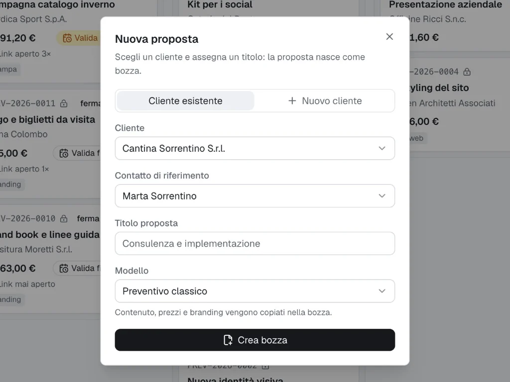 La finestra Nuova proposta: cliente Nordica Sport, titolo e modello Preventivo classico.