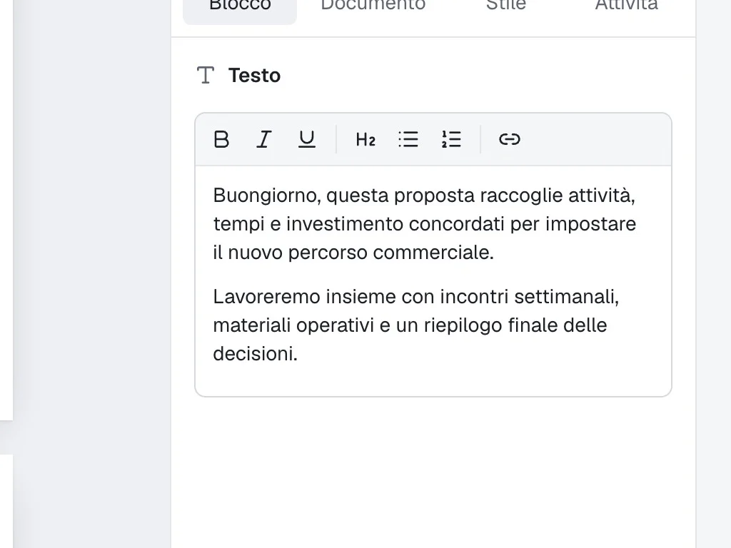 Nel blocco Testo il saluto «Buongiorno,» diventa «Buongiorno Stefano,».