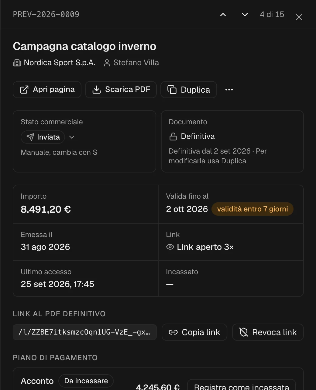 Pannello di una proposta inviata: stato, documento definitivo, importo, validità in scadenza, link aperto tre volte e rate.