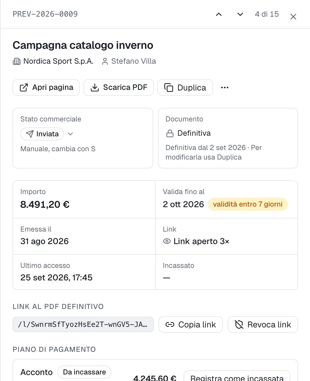 Pannello di una proposta inviata: stato, documento definitivo, importo, validità in scadenza, link aperto tre volte e rate.