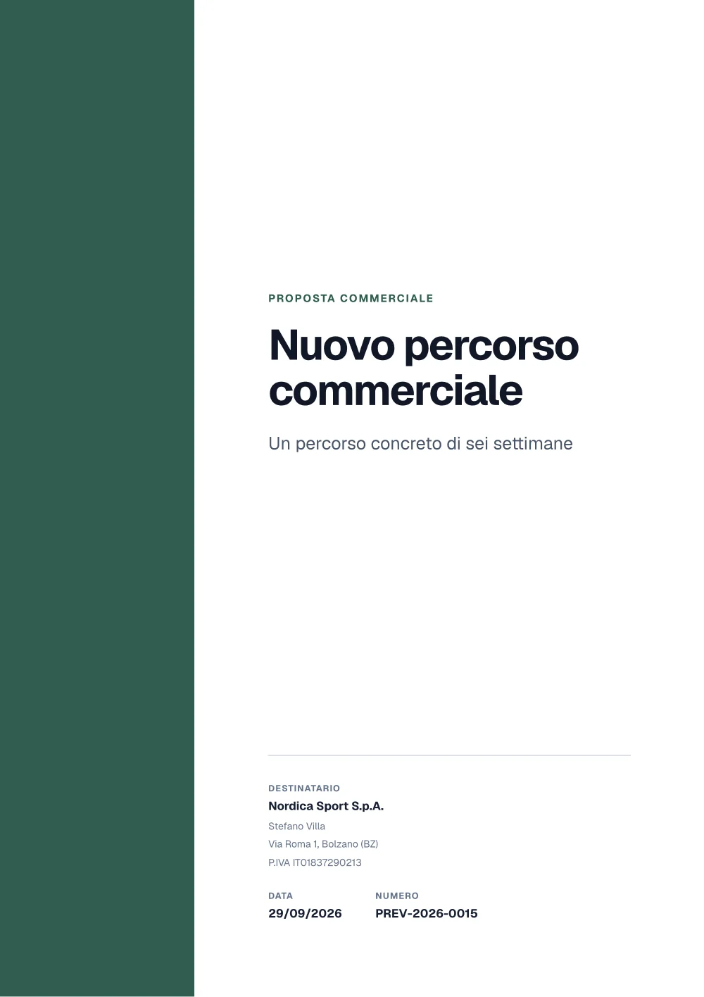 Copertina della proposta Nuovo percorso commerciale con il tema Moderno e il pannello verde.